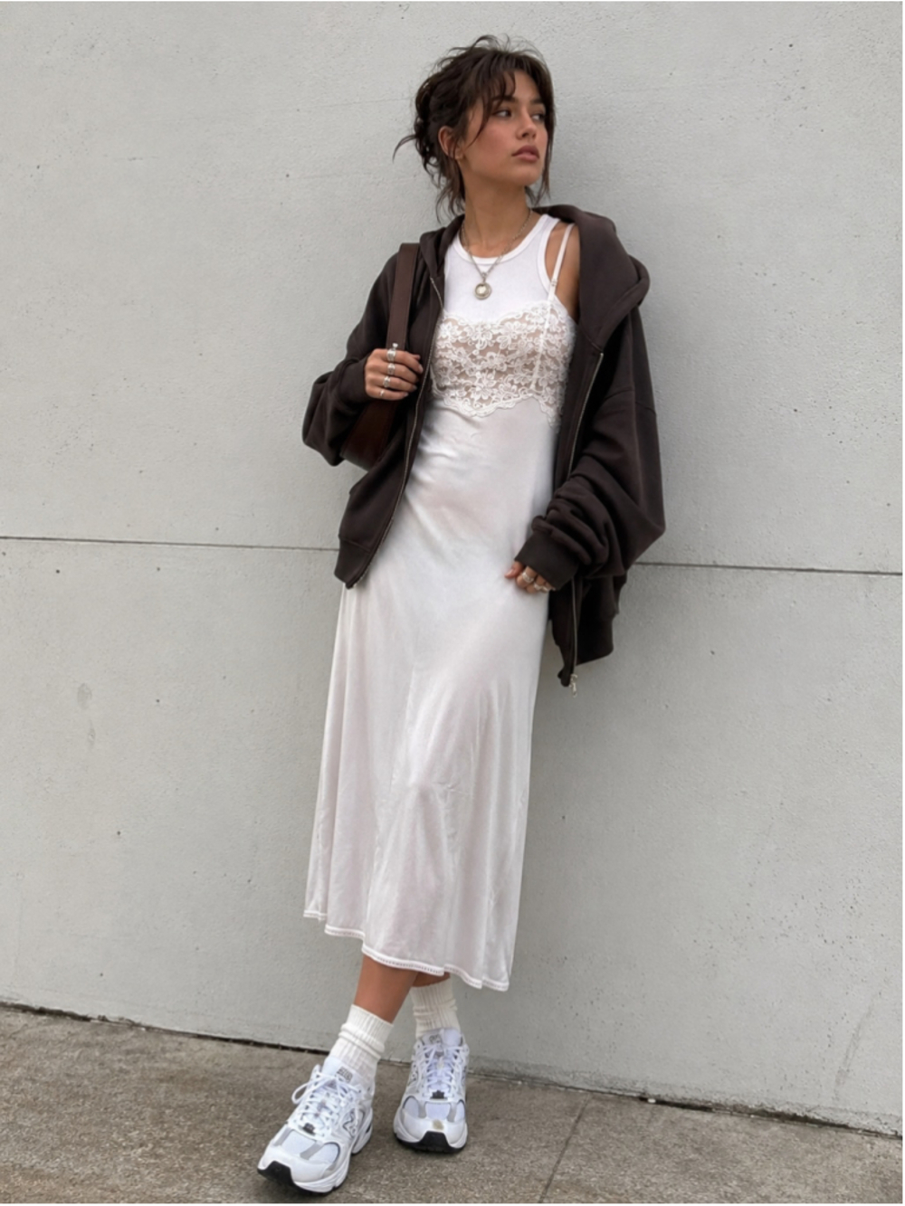 Vintage 90s White Lace Trim Chemise Slip Midi Length Layering Dress Streetwear